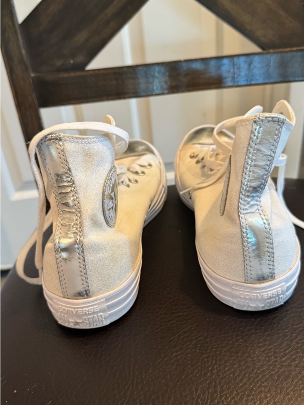 White High-Top Canvas Sneakers with Metallic Silver Toes - Picture 4 of 7